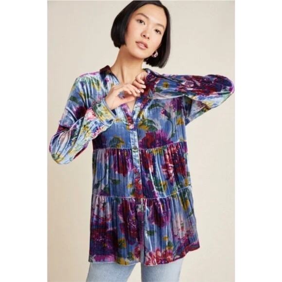 Maeve Anthropologie Reverie Tiered-Velvet Tunic XS - Picture 1 of 8